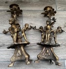 Antique Pair Heavy Brass Candlesticks Cherubs Holding Doves Excellent Used 12    T