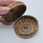 Vintage Miniature Woven Lidded Basket Green Splint Trim 3  Round Trinket Box