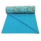 Indian Handmade Cotton Floral Print Kantha Quilt Throw Turquoise King Blanket