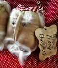 Set Of 3 Primitive Style Santa Head Ornies Bowl Filler Fabric Coffee Stained 