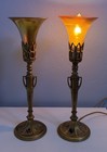 Antique Art Deco Mantel Lamp  pair  Gold Aurene Art Glass Trumpet Shades 15   