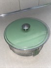 Vintage Art Deco Glass Vanity Powder Trinket Jar Green Lid