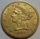   1861 Au  No Motto  5 Liberty Gold Piece  Civil War Date  Free Shipping