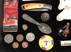 Vtg Junk Drawer Smalls Lot   Advertising pins keys coins knife matches 25  Items