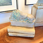 Vtg Usa Cast Metal Lion On Books Sculpture Bookend Bronze Patina Library Decor