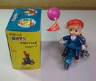 Antique Tin Litho Wind Up Toy Boy On Tricycle Balloon Happy Days Vintage W  Box