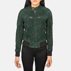 Women s Dark Green Suede Bomber Jacket Cafe Racer Moto Quilted Biker Coat