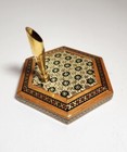 Vintage Persian Khatam Wood Marquetry Inlay Desktop Pen Holder Hexagon Stand