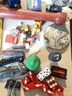 Fun Vintage Junk Drawer Lot Balls Cards  Dice Pins  Knives  Etc 