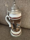 Vintage  German Mug Beer Stein 11 Inches Tall   Lidded Pewter Stoneware  