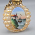 Antique French Gilt Decorated Glass Perfume Scent Bottle Harbor Scene Brass Cap