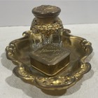 Antique Victorian Ornate Brass   Glass Inkwell Set With Footed Tray   Stamp Box