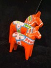Vtg Set Of 2 Orange Wooden Dala Horse Akta Dala Sweden 2 75in   2in 