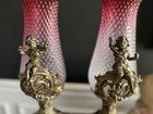 Antique Victorian Cranberry Glass Epergne Vase Pair Ormolu Cherub Mounts C 1900