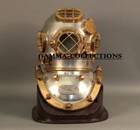 Vintage Brass Diving Divers Helmet Steel Antique Mark V Full Size W Wooden Base