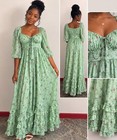 Green Floral Chiffon Maxi Dress Square Neck 3 4 Puff Sleeve Ruffle One Size