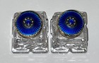 Hroar Prydz Norway Glass Guilloche Blue Enamel  925 Sterling Salt Pepper Shakers