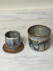 Stoneware Glazed Signed Butter Bell Crock Keeper Drip Glaze Blue   Purple