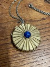 Vintage Estee Lauder Perfume Compact Necklace Gold Tone Cabochon Blue Stone