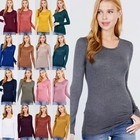 Round Neck Rayon Long Sleeve Top Soft Stretch Classic Plain Fitted Tee T Shirt