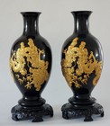 Rare 2 Chinese Foochow Wood Churned Lacquer Vases With Gilt Dragon Motif 12 x6 