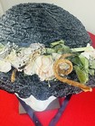 Antique  Flapper Bonnet Black Straw Floral  Hat 1930s 1940s Photo Prop Art Deco