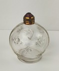Antique Clear Glass Star Pattern Perfume Bottle Brass Screw Cap W Red Faux Jewel