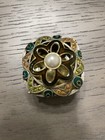 Vtg Royal Gem Collection Enameled Pearl Trinket Ring Box Rhinestone Hinged Lid