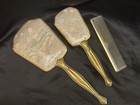 Vintage Vanity Set Mirror Brush Comb Gold Tone Plastic Floral Back 1950s-60s