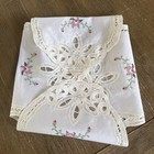 Vtg Cotton Bread Basket Liner Bun Warmer Embroidery And Lace Floral 60 s