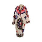 Suzani Hand Embroidered Cotton canvas White Floral Open Front Boho Coat One Size