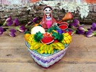 Day Of The Dead Skeleton Lady Fruit Vendor In Boat Handmade Clay Mexico Folk Art