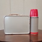 Thermos Vintage Metal Lunch Box W  Matching Red   Silver Ribbed Bottle 1960 s 