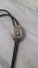 Vintage Southwestern Sterling Silver  Bolo Tie With Leather Cord Turquoise