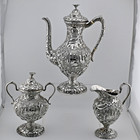 Rare 3pc Sterling Silver Loring Andrews Coffee Set   Repousse Castle Landscape