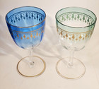 2 Antique Bohemian Moser Hand Blown Glass Green Blue Raised Gold Wine Goblets