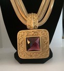 Vintage Designer Averil Gold Tone Etruscan Revival Lg Amethyst Pendant Necklace