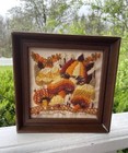 Vtg 80s Completed Crewel Embroidery Mod Mushrooms Sunset Framed 6 5   x 6 5   