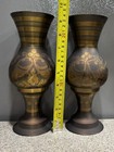 2 Rare Vintage Solid Brass Gold Black Etching Floral Vases 9 25    In Guc