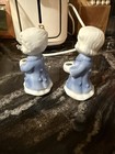 Vintage Pair Blue And White Porcelain Boy And Girl Candle Holders Christmas