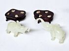 Elephant Figures Carved Opaque Green Stone Animals On Footed Wood Display Base 