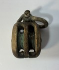 Antique 19th C Wood Double Pulley Block Tackle Bronze Sheaves Nautical Ship
