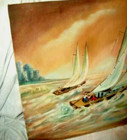 Vintage Nautical Regatta Race Oil Painting Sailboats Unique Color Signed 1960s