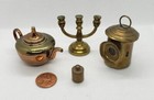 4 Vtg Dollhouse Brass Miniatures Lantern Kettle Weight Candelabra Teapot W Lid  