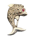 Vintage Sterling Silver 925 Marcasite Dolphin Brooch pendant Red Glass Eye 1 
