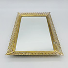 Vanity Mirror Tray Rectangle Gold Tone Filigree Perfume Footed Hollywood Regency