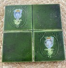 Set Of 2 Antique 1900 Art Nouveau Majolica Fireplace Tiles Tulip Design Green