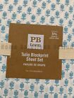 Pottery Barn Teen Tulip Floral Block Print Cotton Sheet Set Blue Full  r150