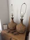 Vintage Mcm Cork Table Lamp Pair Danish Modern Wood Brass 1960 Large Mid Century