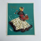 Vintage Mid Century Christmas Greeting Card Pretty Blonde Lady Full Dress Teal